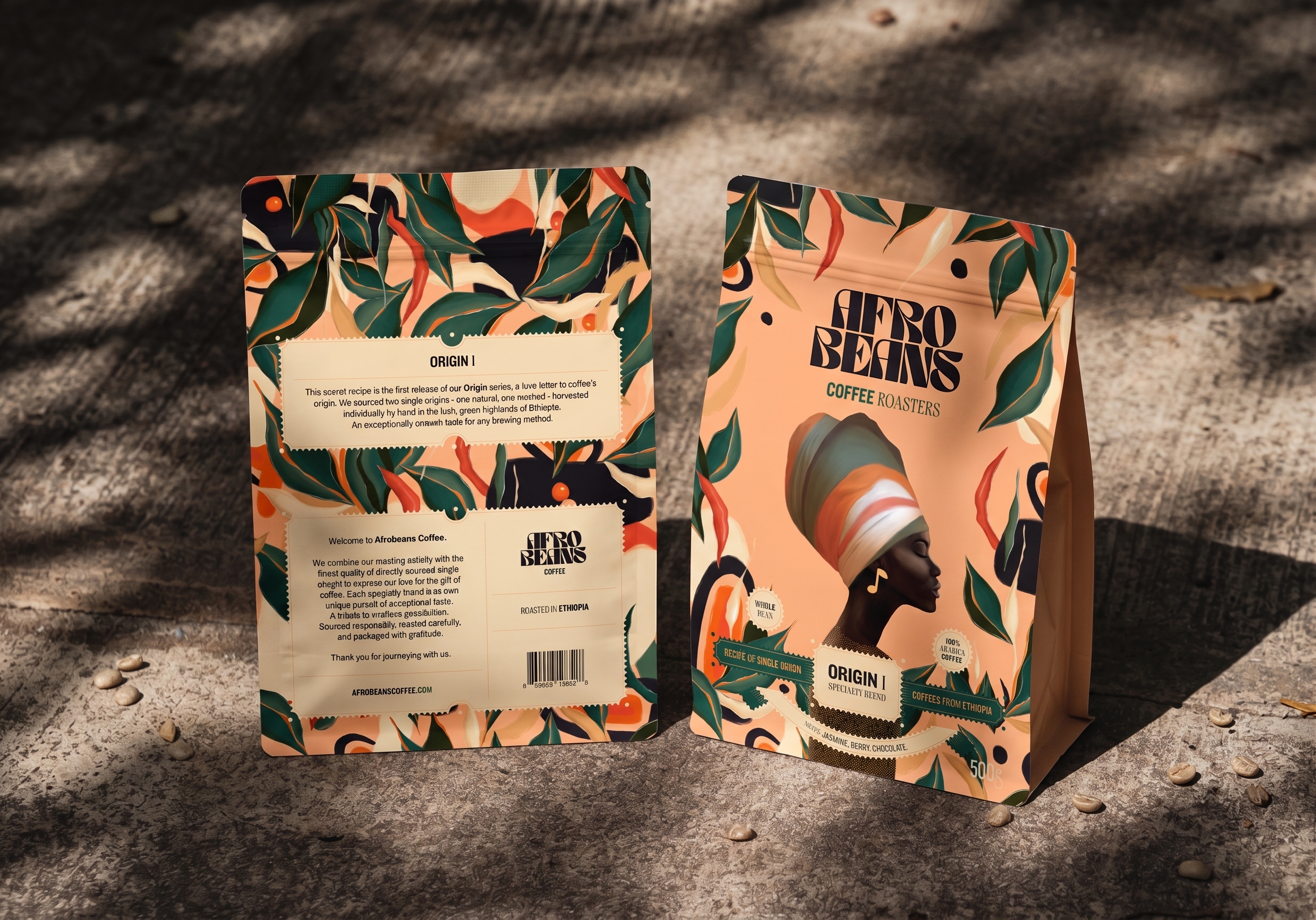 Afrobeans Origin I pouches, front and back, photographed outdoors on stone