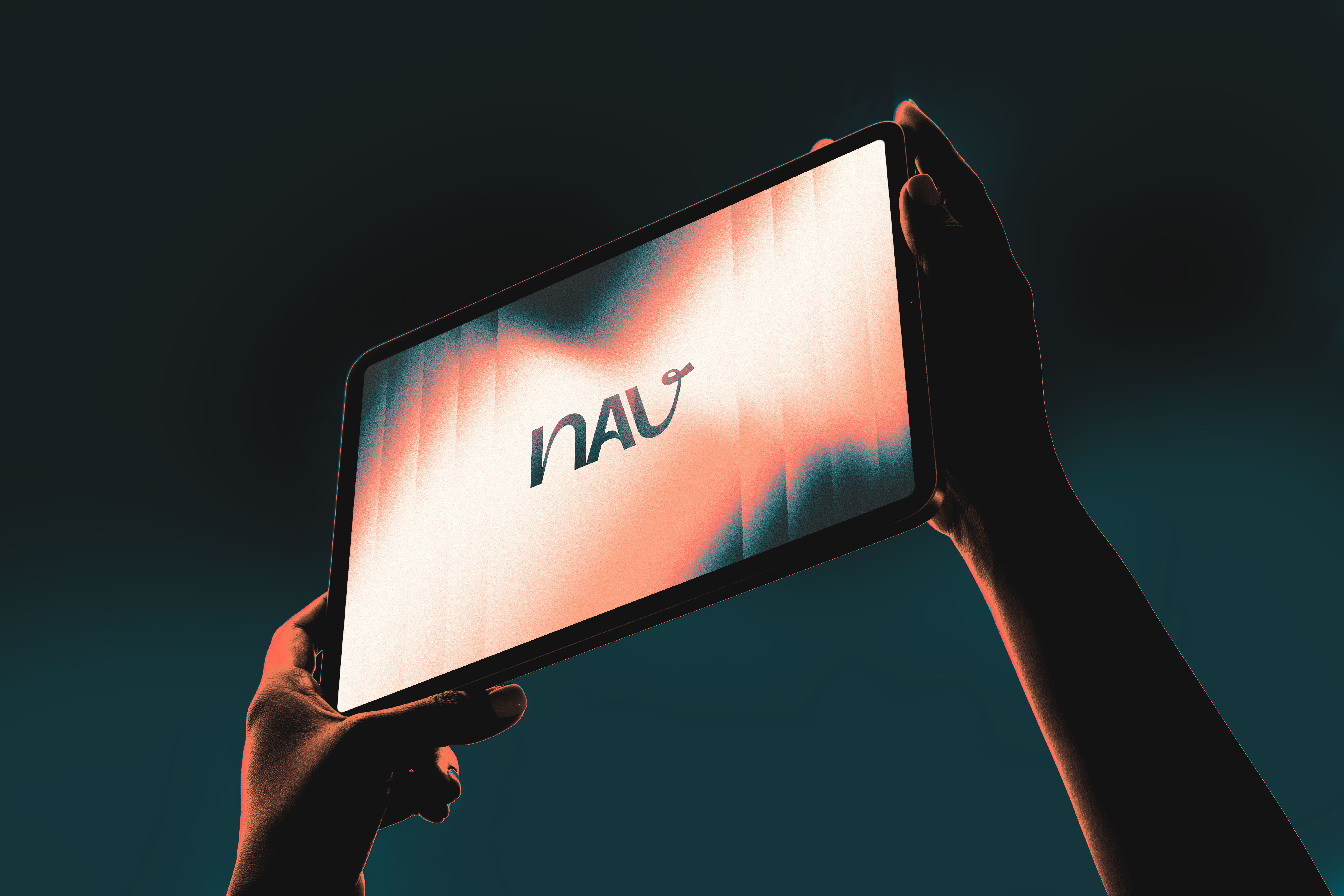 NAV identity displayed on a tablet held against a dark background